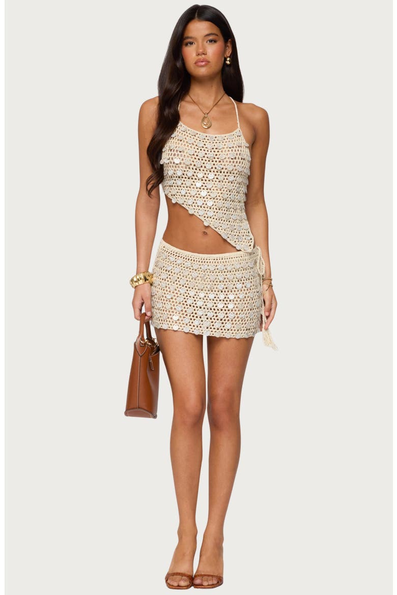 Alora Open Stitch Paillette Cover-Up Miniskirt, Alternate, color, BEIGE