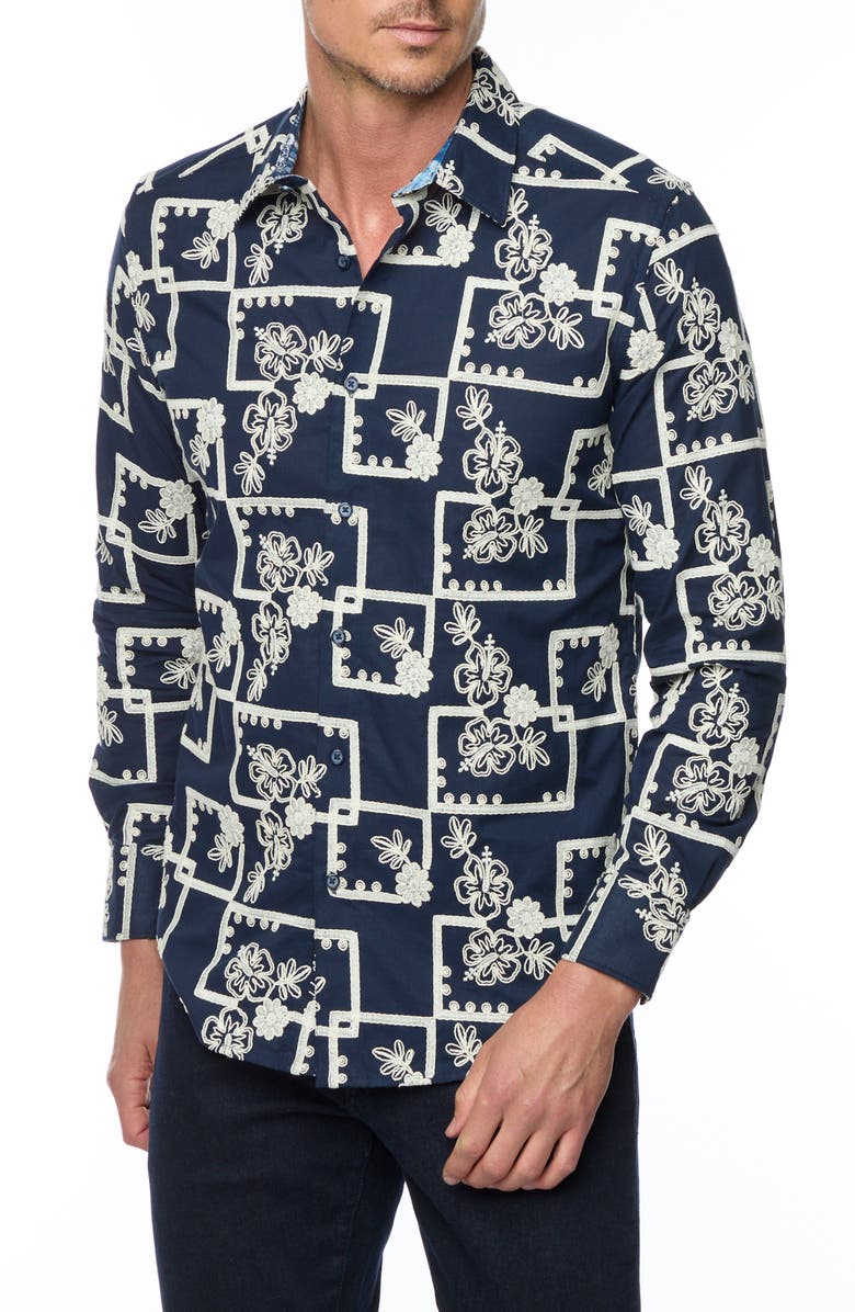 Robert Graham Oleander Classic Fit Embroidered Cotton Button-Up Shirt, Main, color, 