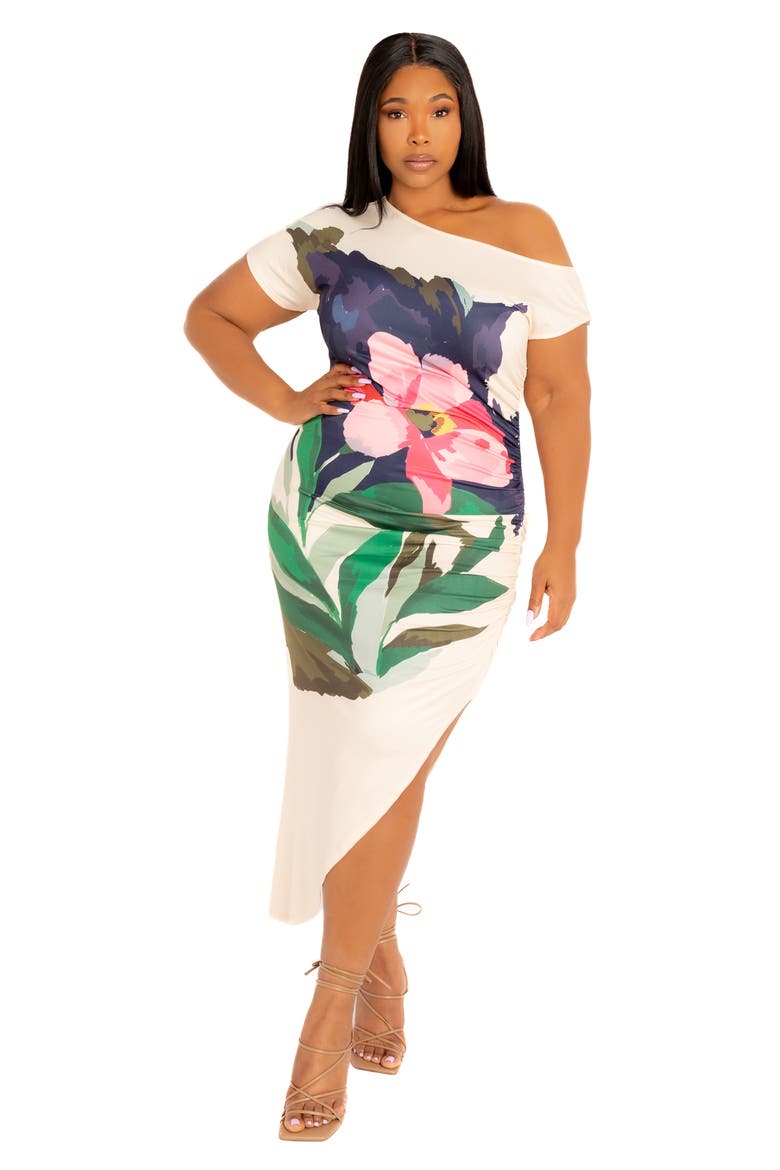Floral One-Shoulder Asymmetric Hem Knit Dress, Alternate, color, BEIGE MULTI