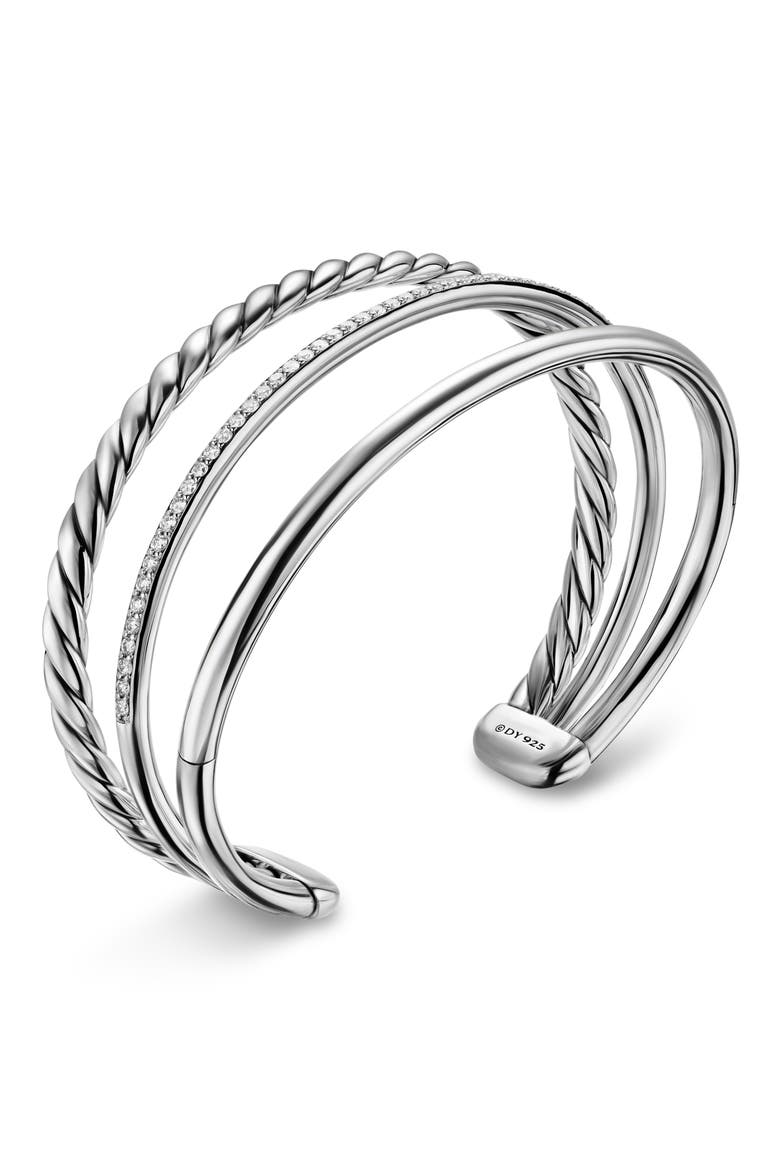 DY Mercer® Three Row Cuff Bracelet in Sterling Silver with Diamonds, 10mm, Alternate, color, DIAMOND