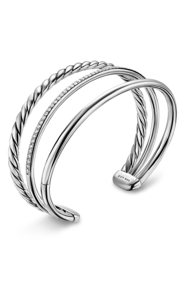 David Yurman DY Mercer<sup>®</sup> Three Row Cuff Bracelet in Sterling Silver with Diamonds, 10mm, Alternate, color, Silver/ Diamond