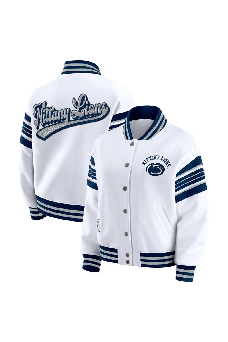 Women's WEAR by Erin Andrews White/Navy Penn State Nittany Lions Satin Stitch Full-Snap Fleece Sweatshirt Jacket, Main, color, White