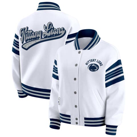 Women's WEAR by Erin Andrews White/Navy Penn State Nittany Lions Satin Stitch Full-Snap Fleece Sweatshirt Jacket