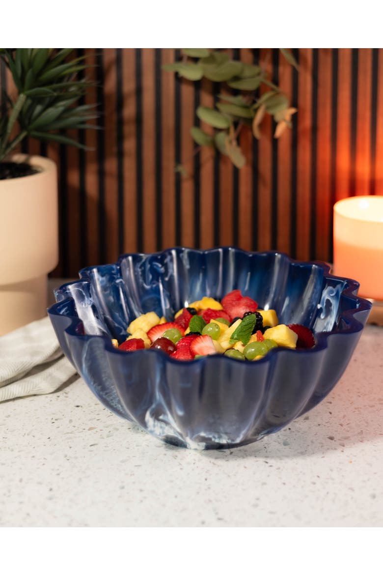 Resin Serving Bowl - Marbled Blue Scalloped Decorative Bowl, Shatterproof 11-Inch Fruit & Centerpiece Bowl for Indoor & Outdoor Luxury Entertaining, Alternate, color, Blue
