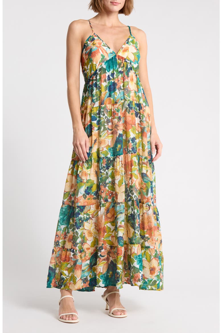 Sleeveless Tiered Maxi Dress, Main, color, BLUE MULTI