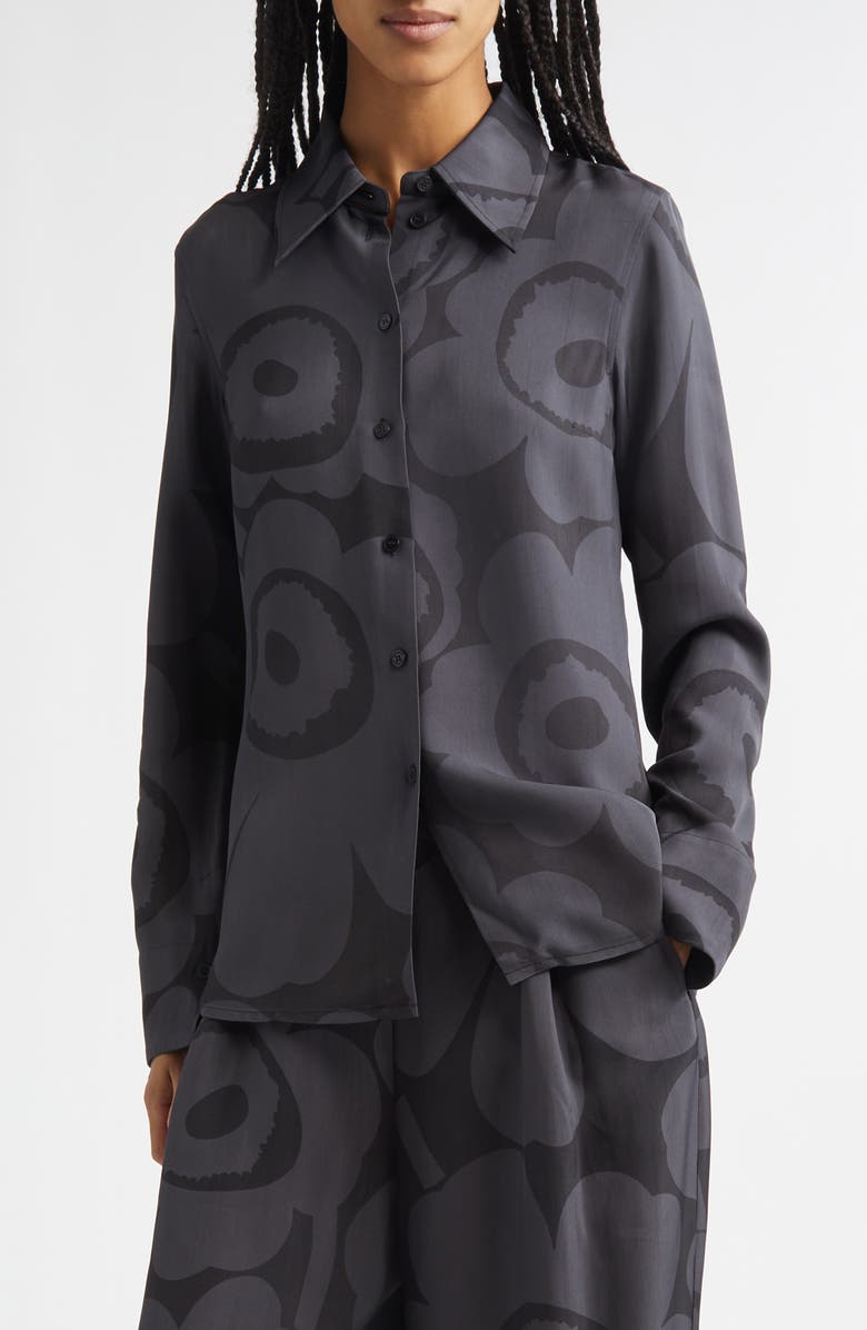 Marimekko Vivahde Unikko Twill Button-Up Shirt, Main, color, Black Dark Grey