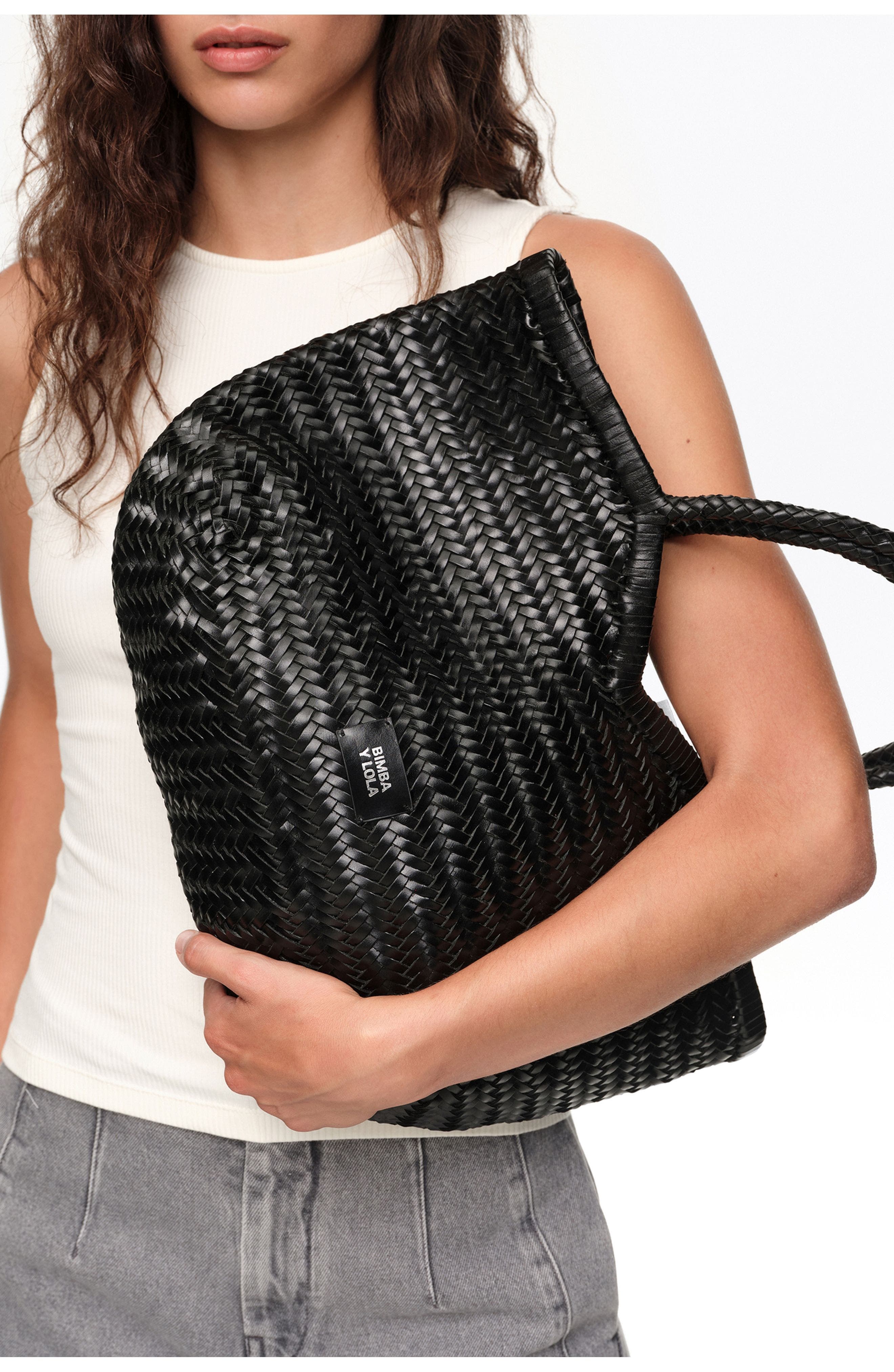 Large Plaited Leather Shopper Bag, Alternate, color, BLACK