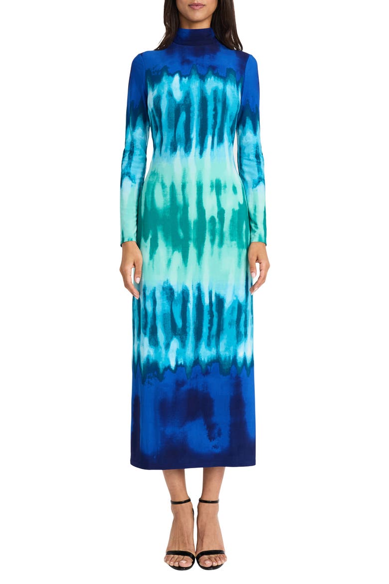 Tie Dye Long Sleeve Column Maxi Dress, Main, color, TEAL BLUE/ ROYAL