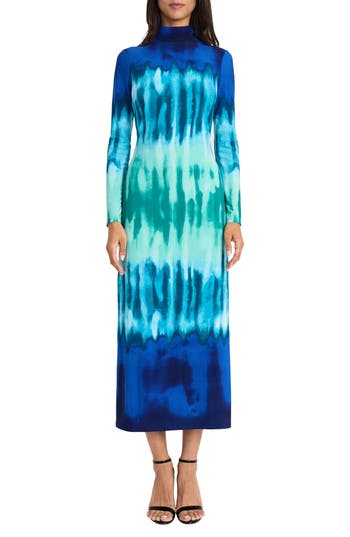 DONNA MORGAN FOR MAGGY Tie Dye Long Sleeve Column Maxi Dress in Teal Blue/Royal at Nordstrom Rack, Size 6