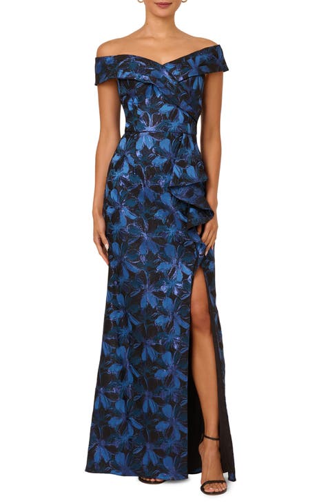 Adrianna Papell Metallic Floral Jacquard Off the Shoulder Adrianna Papell Metallic Floral Jacquard Off the Shoulder