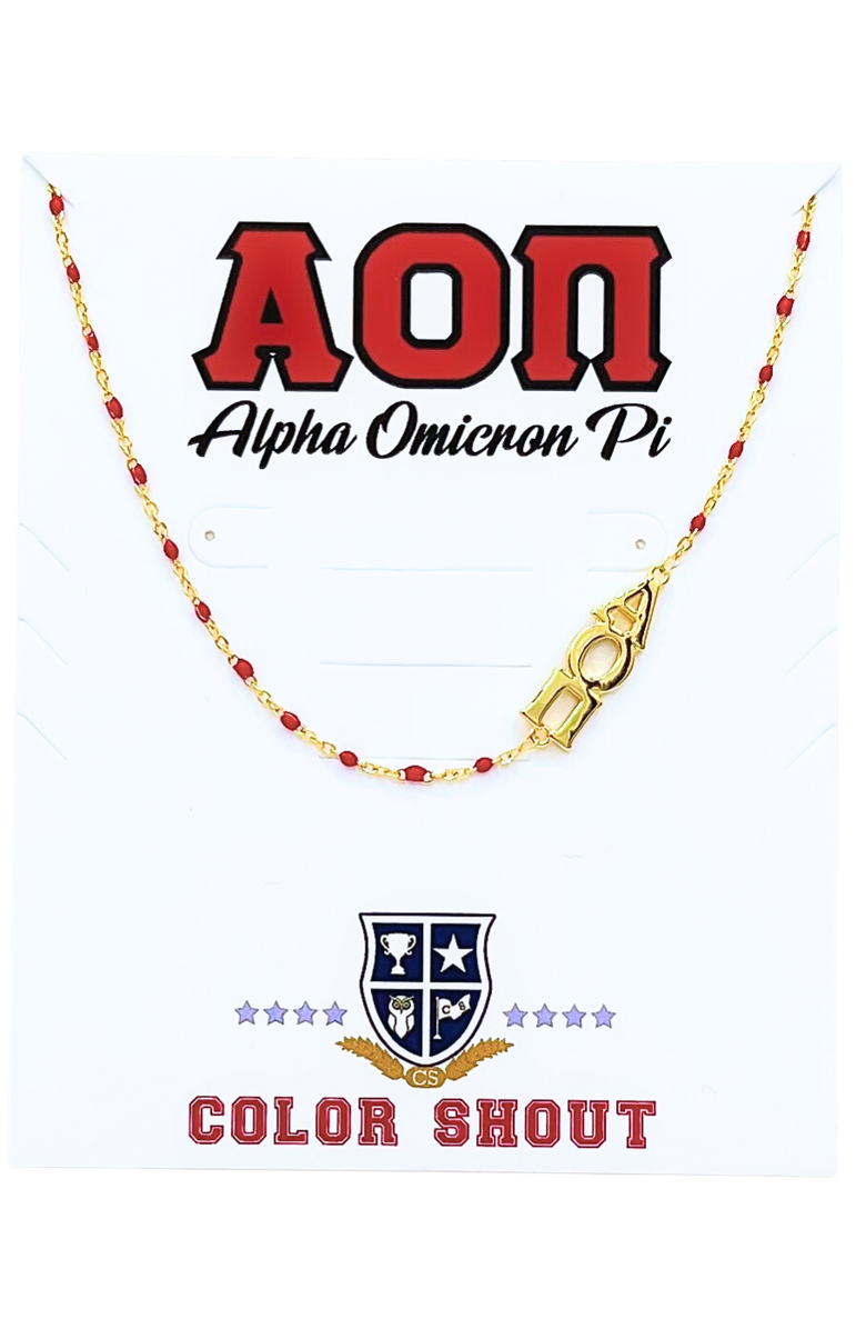 Color Shout Alpha Omicron Pi Greek Letter Side Set Necklace, Main, color, Yellow Gold