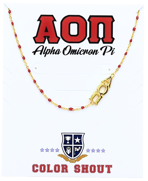 Color Shout Alpha Omicron Pi Greek Letter Side Set Necklace In Gold
