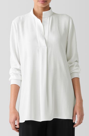 Eileen Fisher Woman White Mandarin Collar newest Cotton Longline 3/4 Sleeve 2X Tunic