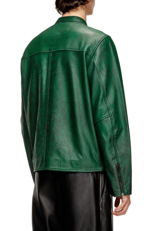 Diesel Treated Leather Biker Jacket With Faded Logo In Green