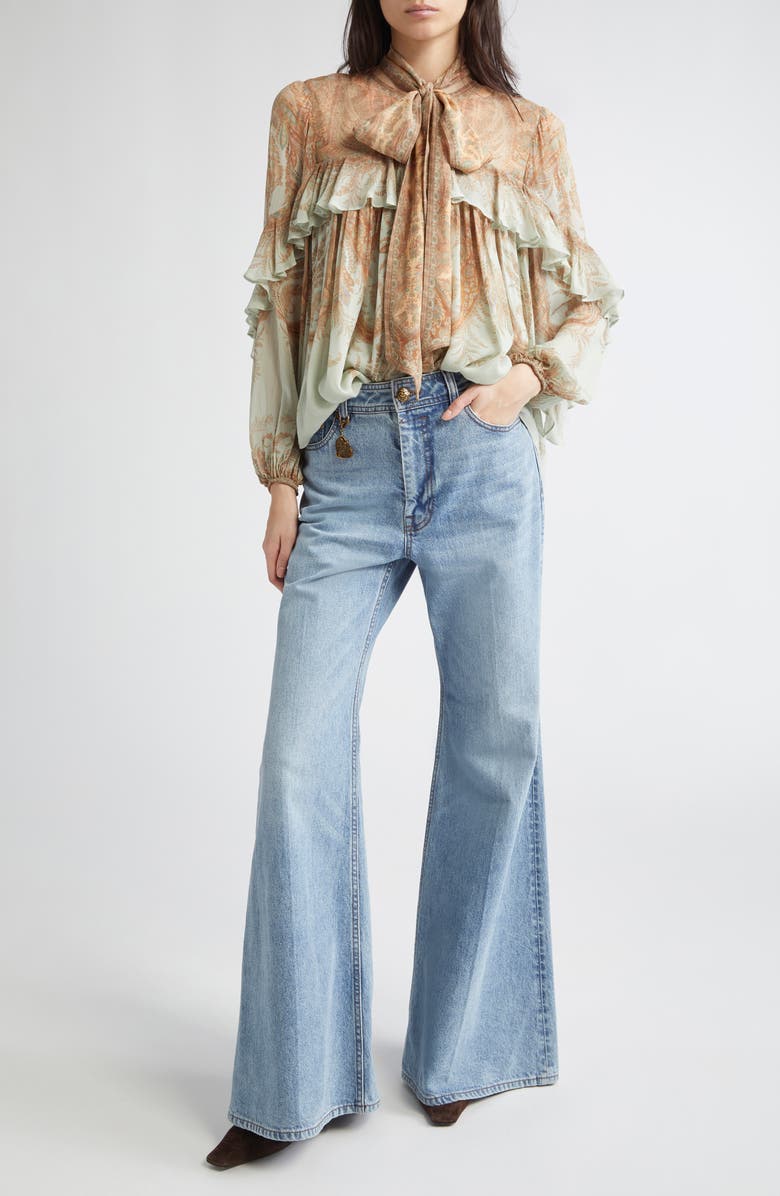 Zimmermann Memento Flutter Paisley Pussy Bow Top, Alternate, color, Mint Paisley