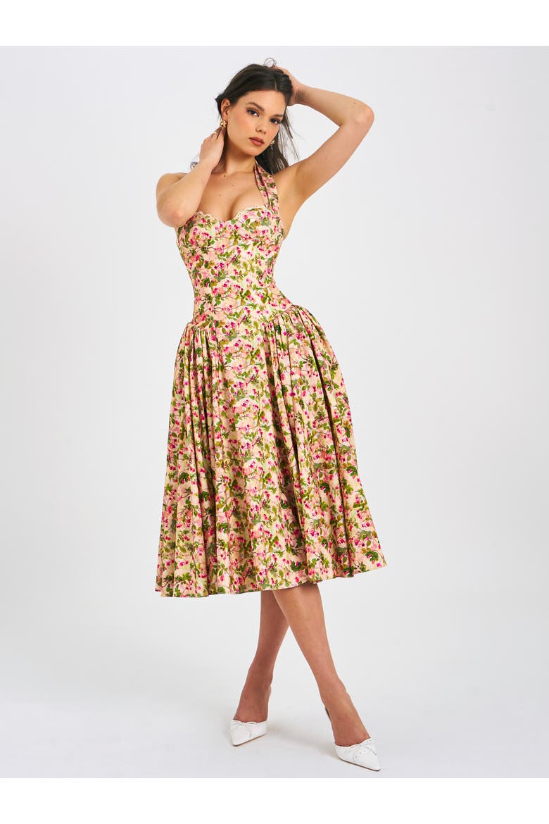 Niya Floral Print Linen Halter Corset Maxi Dress, Alternate, color, Floral print