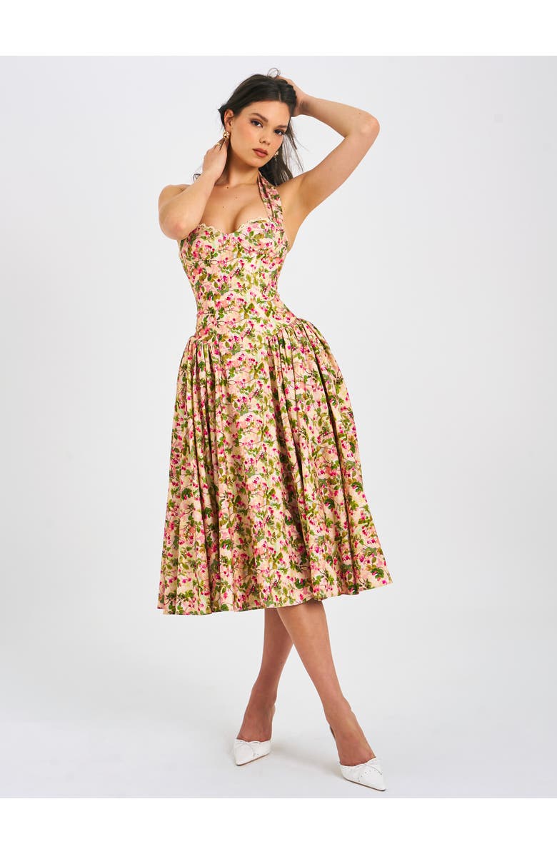 Miss Circle Niya Floral Print Linen Halter Corset Maxi Dress, Alternate, color, Floral Print