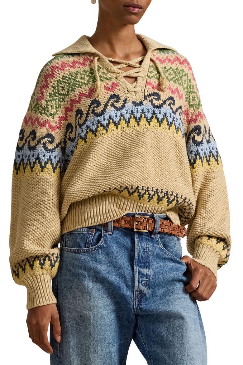 Fair Isle Cotton & Wool Blend Sweater, Main, color, TAN MULTI