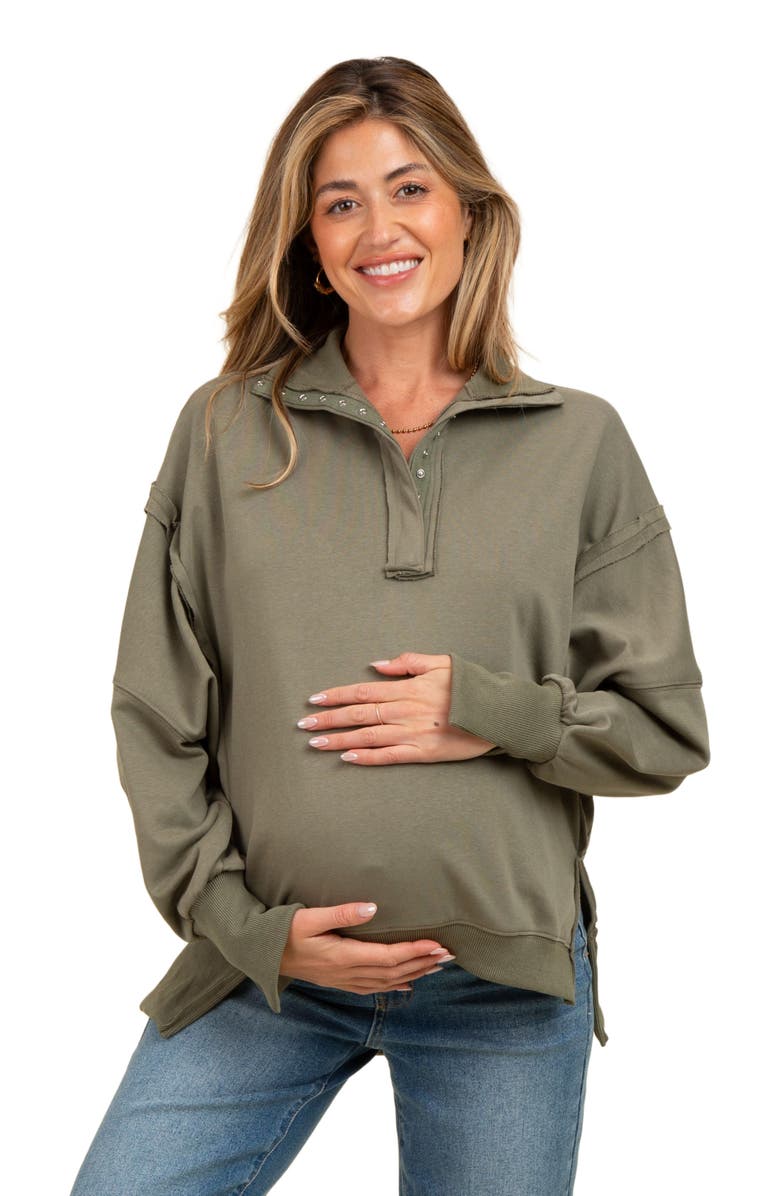 PinkBlush Snap Button Pullover Henley Sweatshirt, Alternate, color, Olive Green