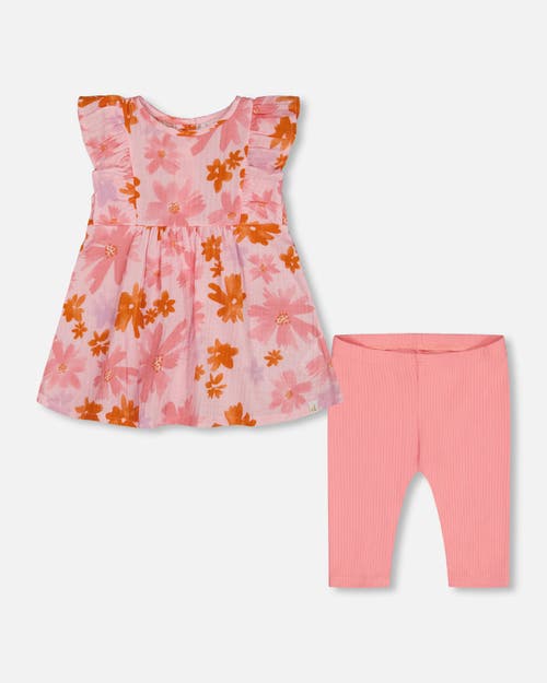 DEUX PAR DEUX DEUX PAR DEUX LITTLE GIRL'S PRINTED TUNIC AND SOLID LEGGINGS SET PINK AND CORAL FLOWERS