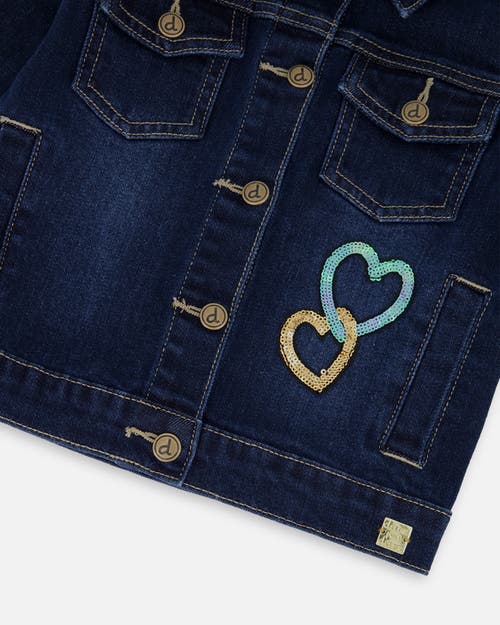 Deux Par Deux Stretch Denim Jacket With Glittery Hearts And Unicorn In Blue