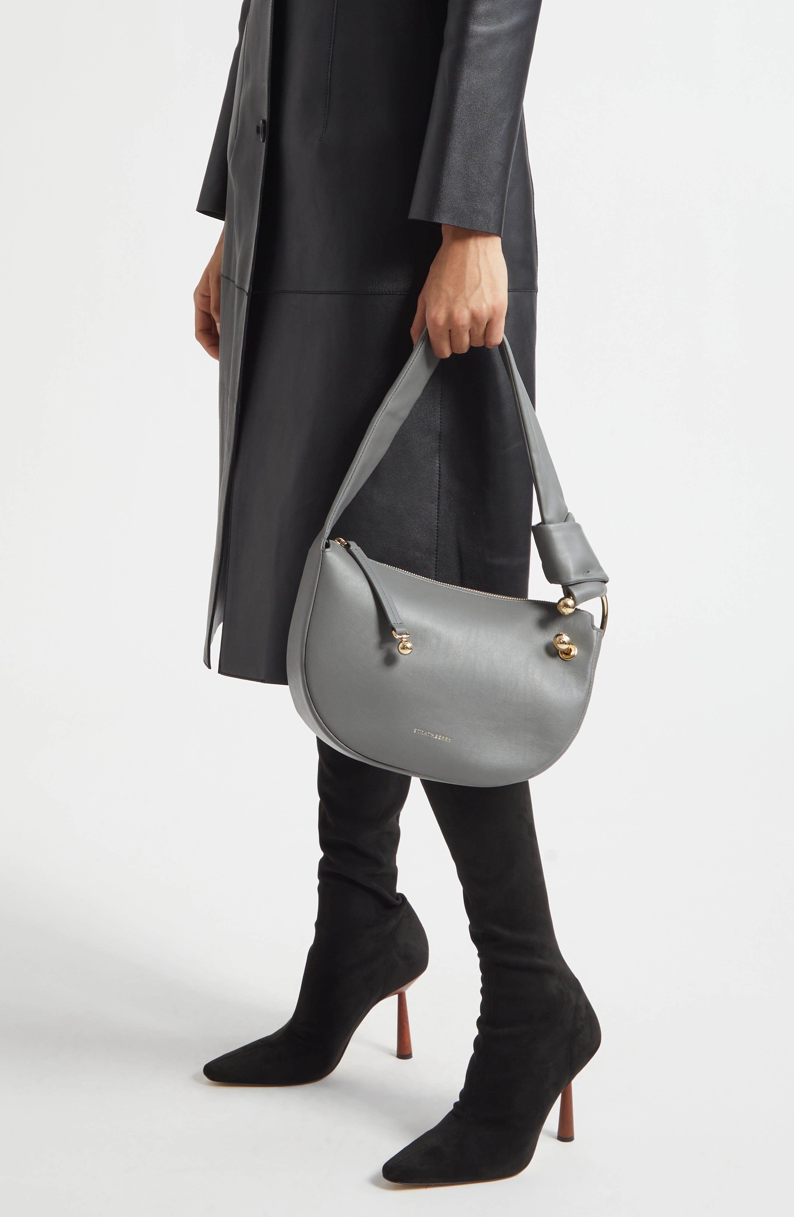 Strathberry Mini Halo Leather Shoulder Bag, Alternate, color, Stone Grey