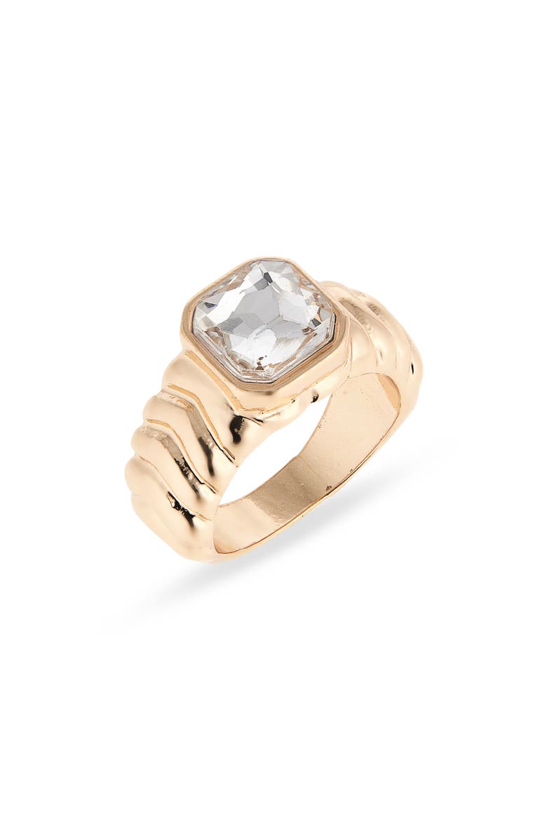 Crystal Ribbed Signet Ring, Main, color, CLEAR- GOLD