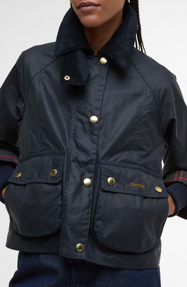 Barbour Beadnell Crop Waxed Cotton Jacket, Alternate, color, Navy Classic