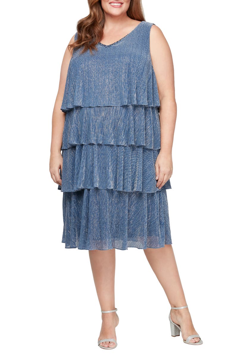 SL FASHIONS Tiered Metallic Cocktail Dress with Jacket, Alternate, color, Wedgewood