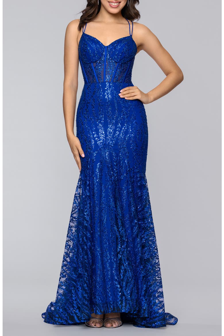 Sequin Illusion Bodice Mermaid Gown, Main, color, ROYAL