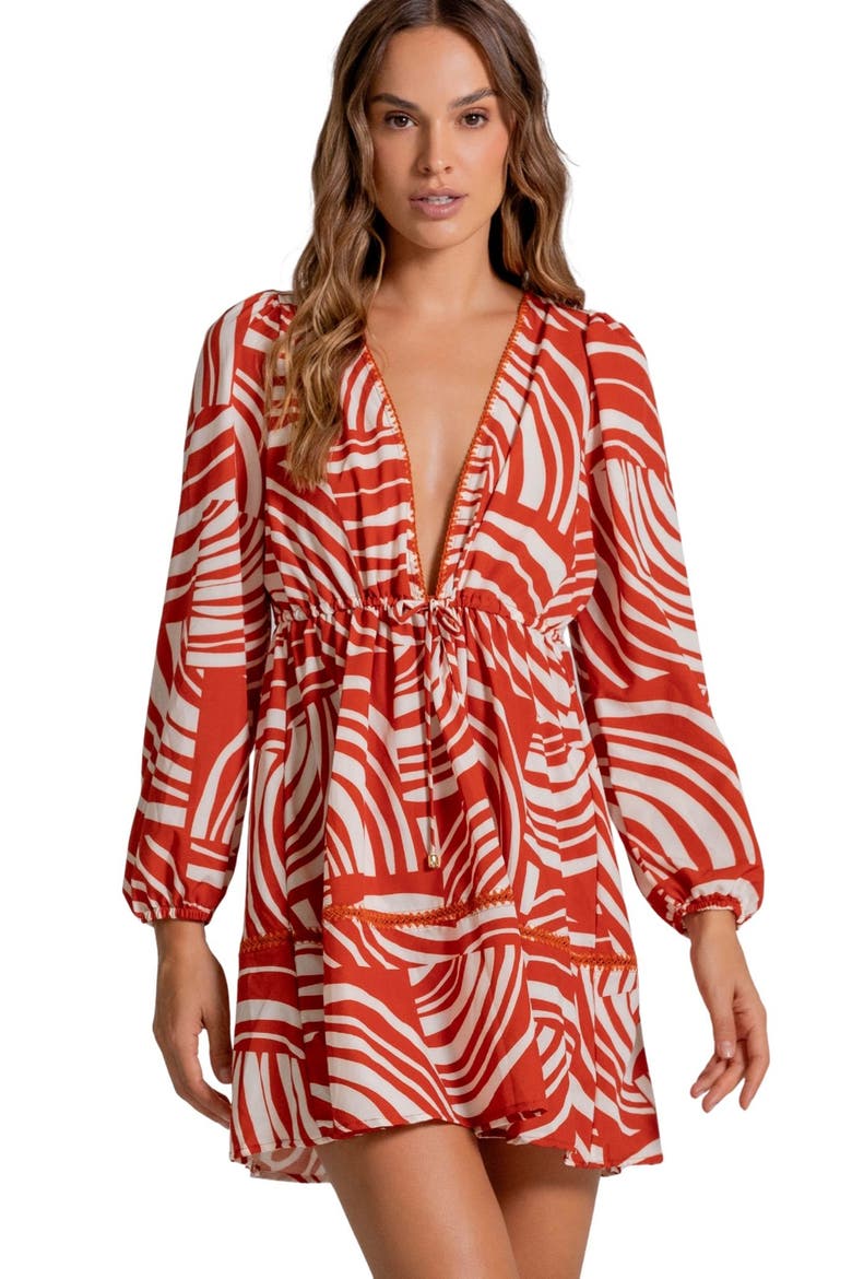 Print Tie Waist Cover-Up Minidress, Alternate, color, CHUTNEY