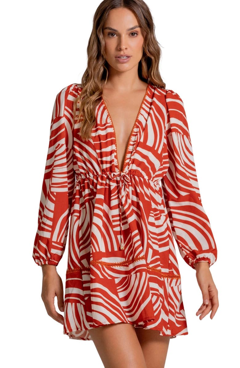 Cosita Linda Print Tie Waist Cover-Up Minidress, Alternate, color, Chutney