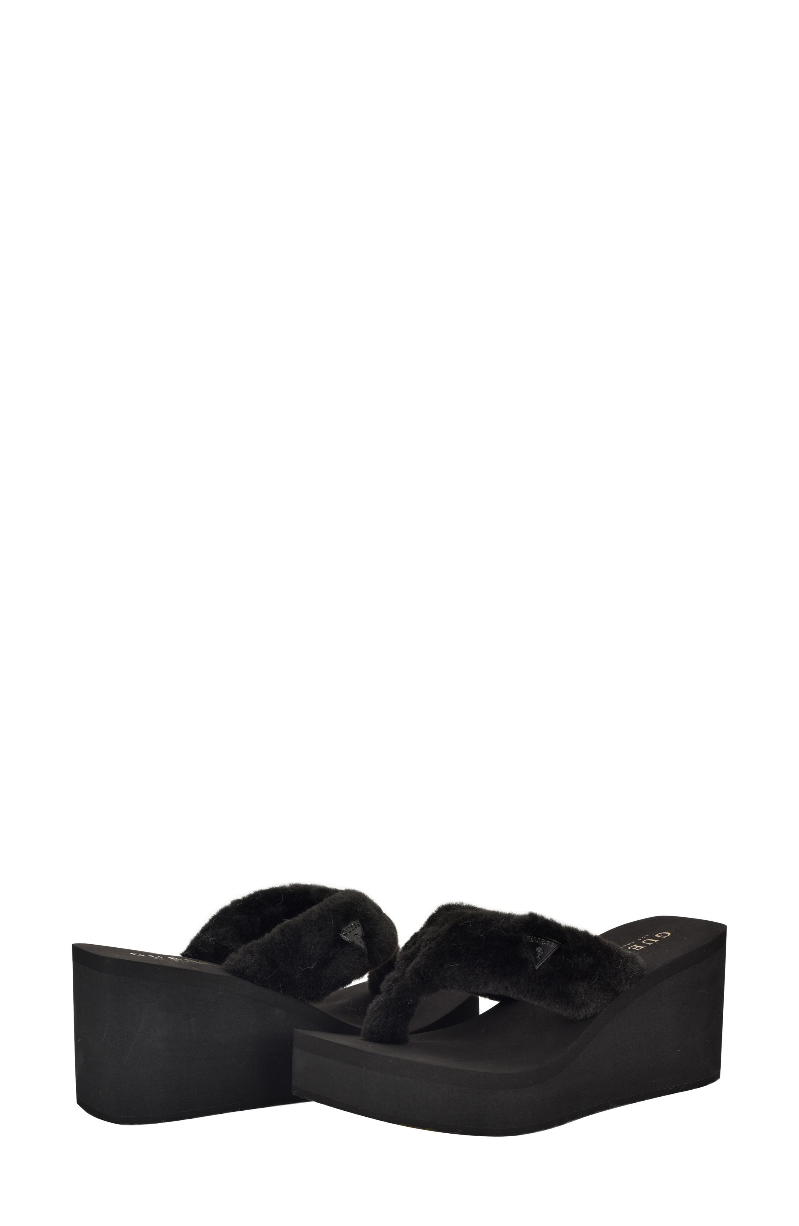 GUESS Sabinn Faux Fur Wedge Sandal, Alternate, color, Black