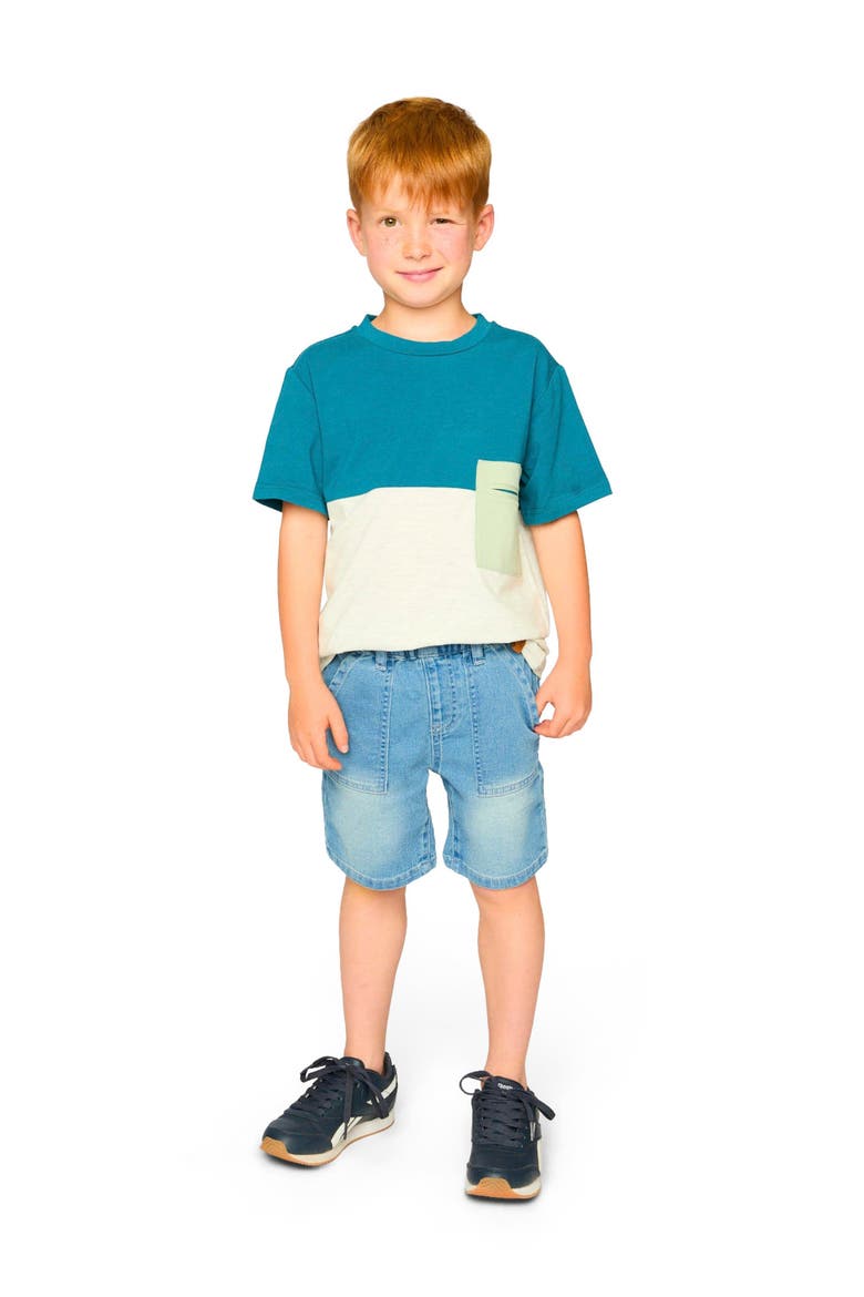 French Terry Elastic Waist Drawstring Denim Shorts, Alternate, color, Light Blue Denim
