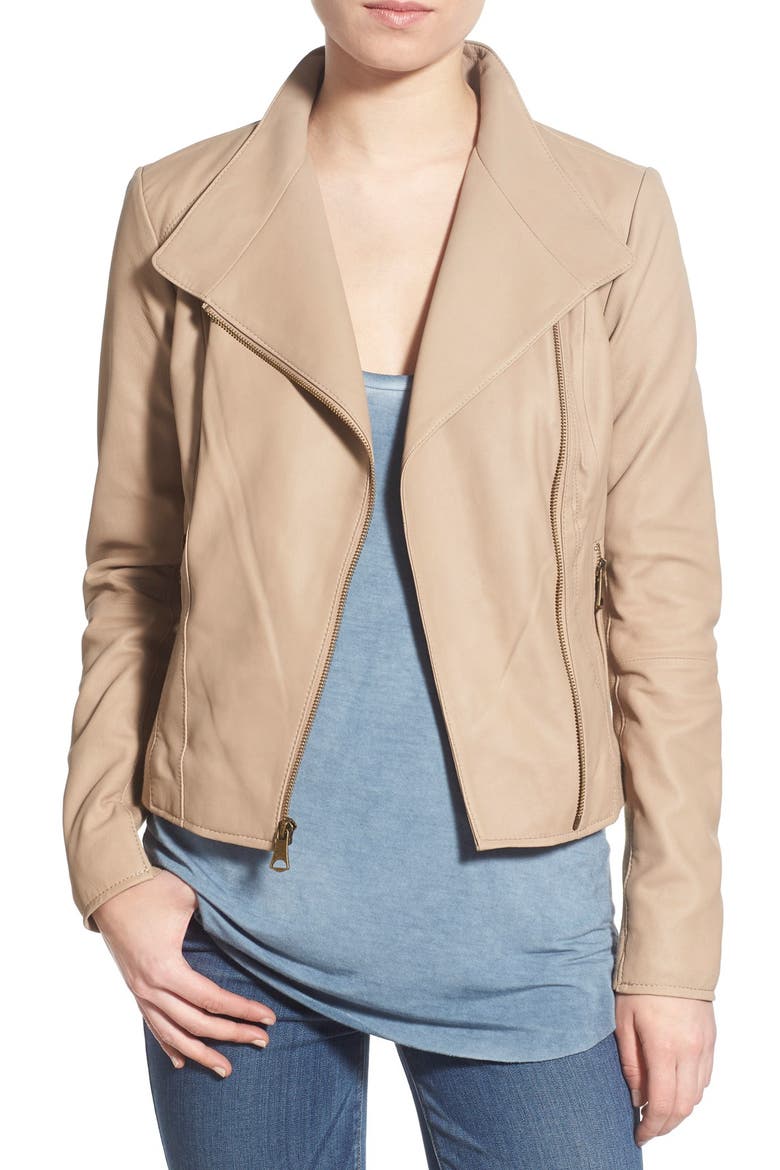Marc New York by Andrew Marc Felix Stand Collar Leather Jacket, Main, color, KHAKI