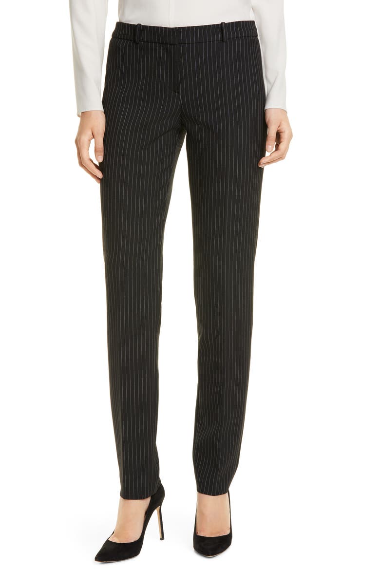 Tiluna Pinstripe Tapered Leg Ponte Trousers, Main, color, BLACK PINSTRIPE