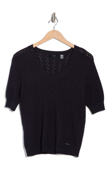 T Tahari Mitered Pointelle V-neck Short Sleeve Sweater In Black