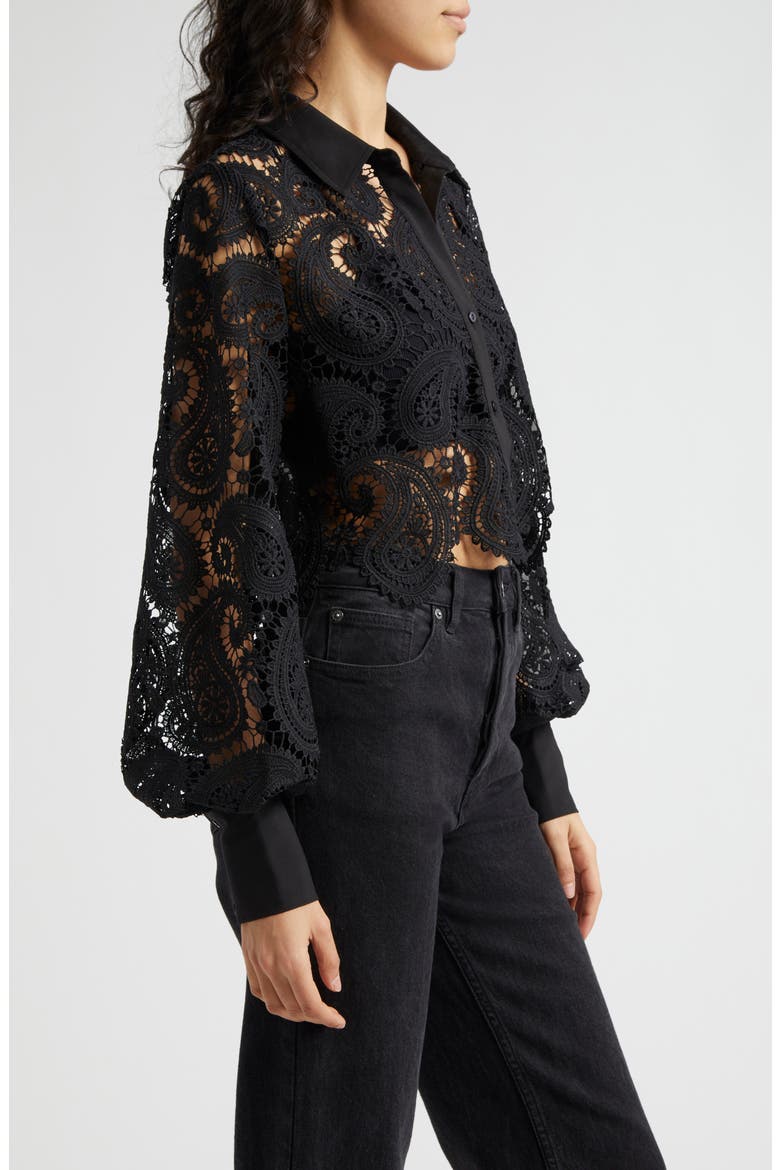 Odelia Allover Lace Crop Button-Up Shirt, Alternate, color, BLACK