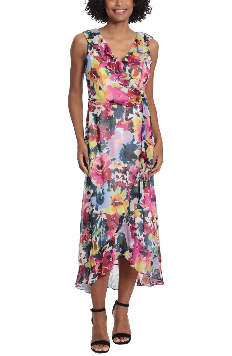 Maggy London Sleeveless Ruffle Faux Wrap Midi Dress, Main, color, 