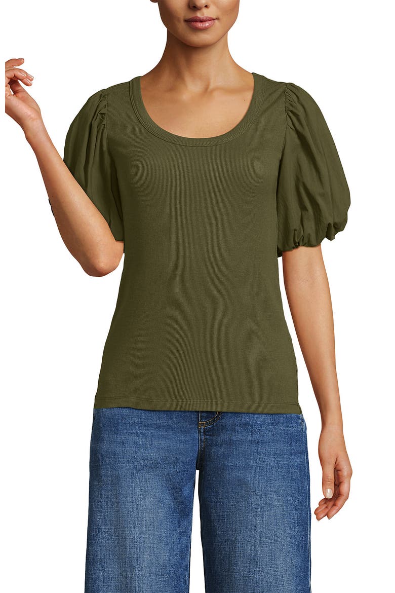 Drapey Rib Puff Sleeve Scoop Neck Top, Main, color, Olive Drab