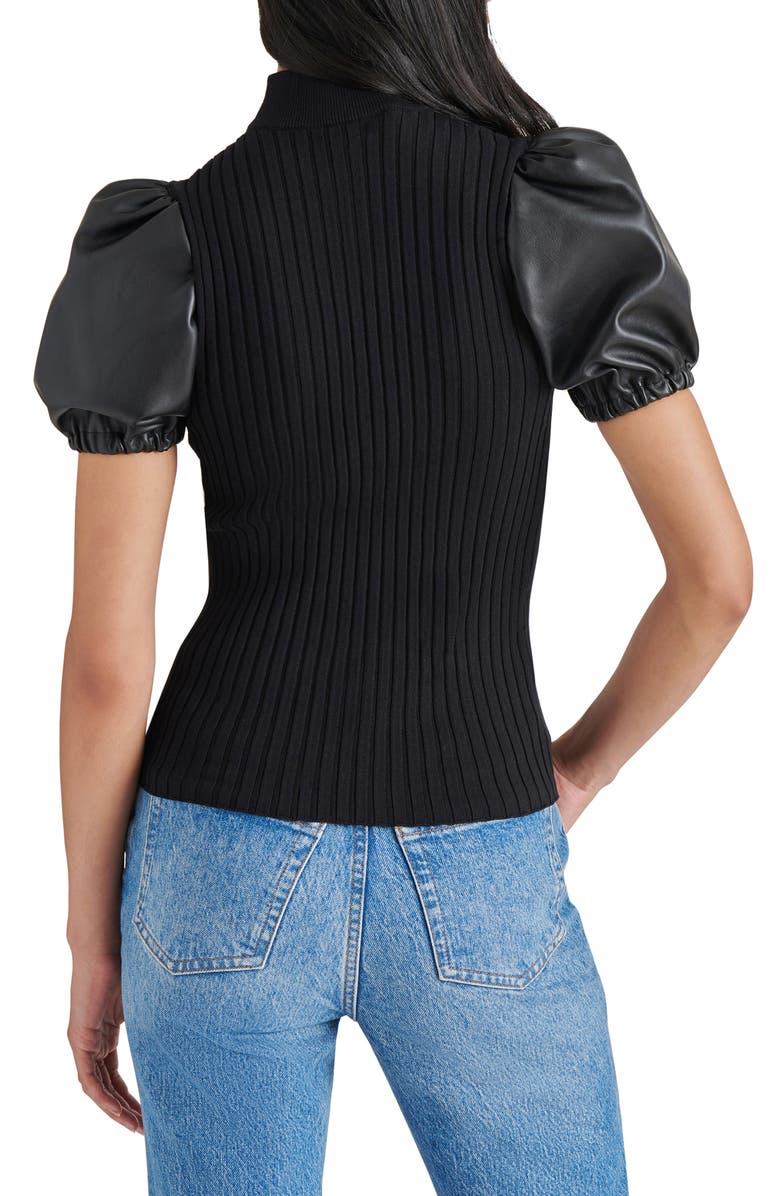 Steve Madden Peggy Mixed Media Faux Leather Sleeve Sweater, Alternate, color,