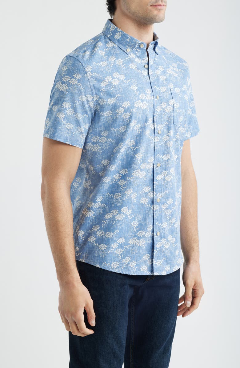 Reyn Spooner Kyoto Spring Floral Short Sleeve Cotton Blend Button-Down Shirt, Alternate, color, Riviera Blue