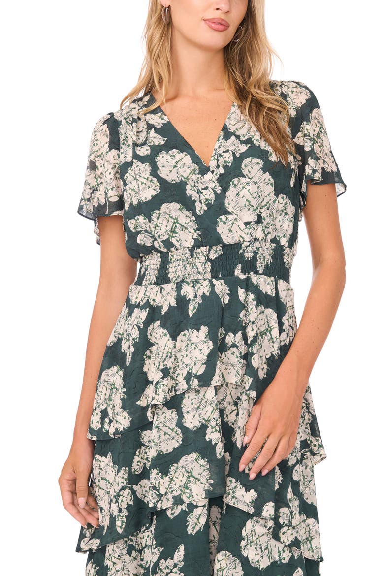 Floral Tiered Midi Dress, Alternate, color, FOREST NIGHT
