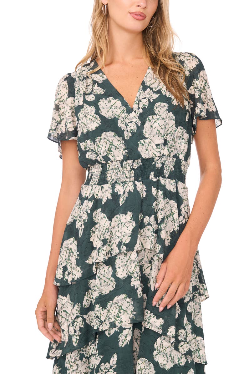 Vince Camuto Floral Tiered Midi Dress, Alternate, color, Forest Night