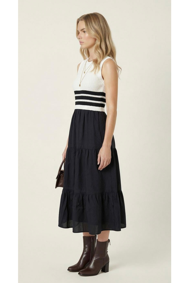 Striped Knit Tiered Midi Dress, Alternate, color, Off-White / Black