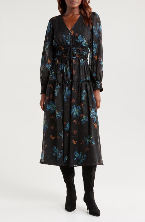 Mila Mae Floral Tiered Long Sleeve Tie Detail Midi Dress in Black Multi Floral 