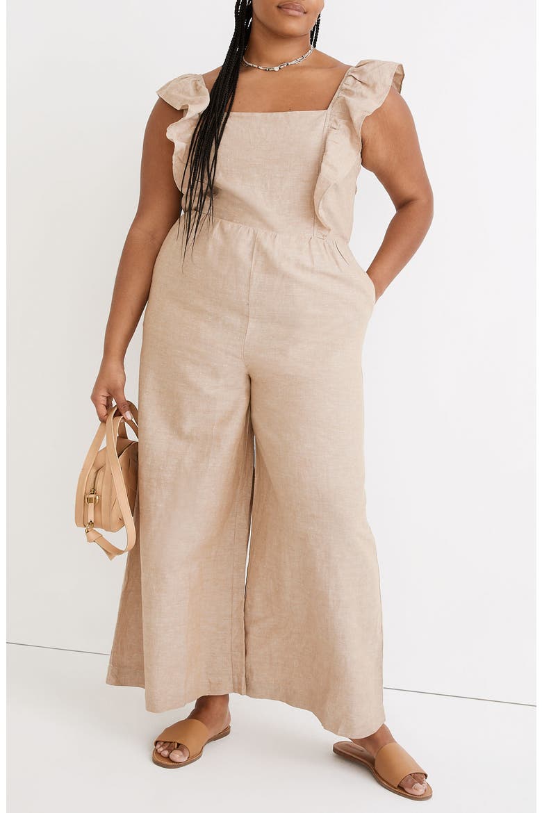 Linen Blend Ruffle Tie-Back Jumpsuit, Alternate, color, SEED KHAKI
