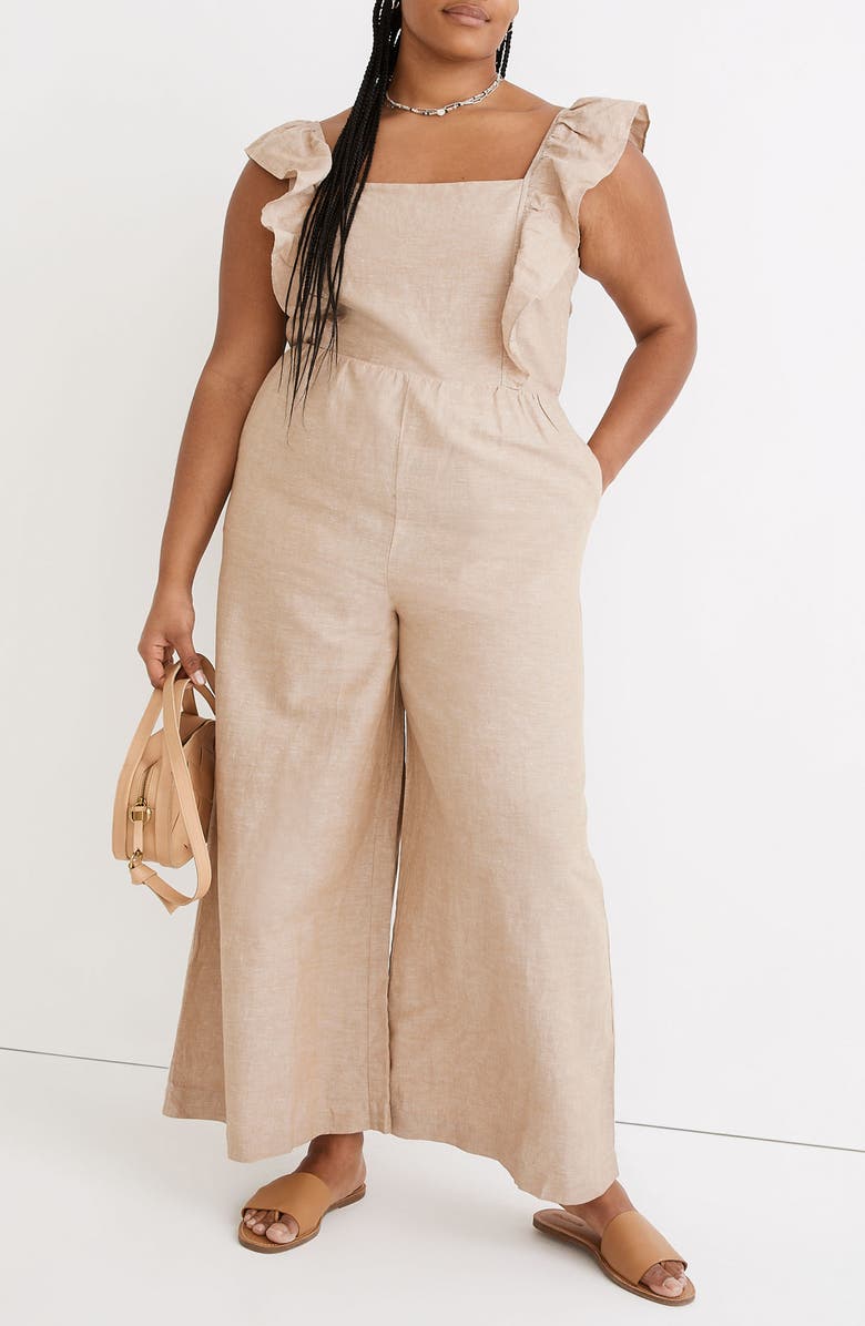 Madewell Linen Blend Ruffle Tie-Back Jumpsuit, Alternate, color,