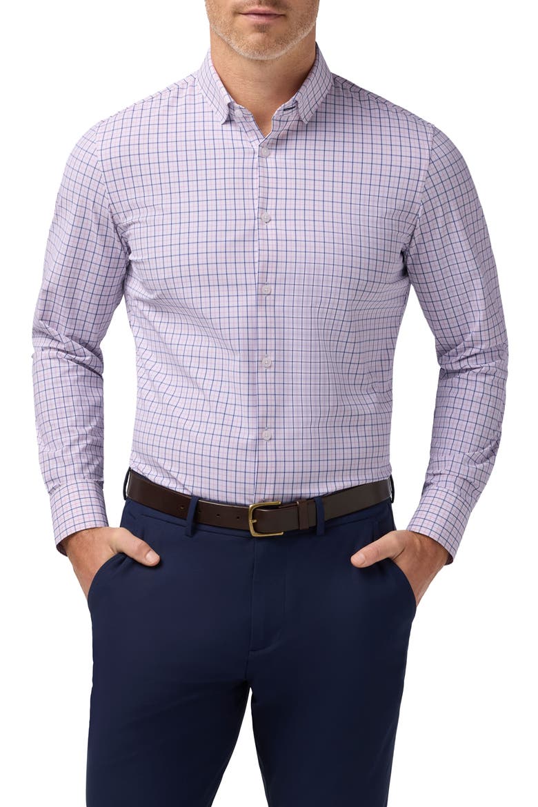 Leeward Trim Fit Plaid Performance Button-Up Shirt, Main, color, PINK SALT WYATT PLAID