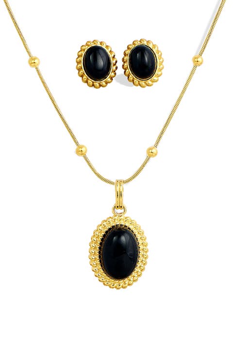 Boxed Onyx Stud Earrings & Pendant Necklace Set
